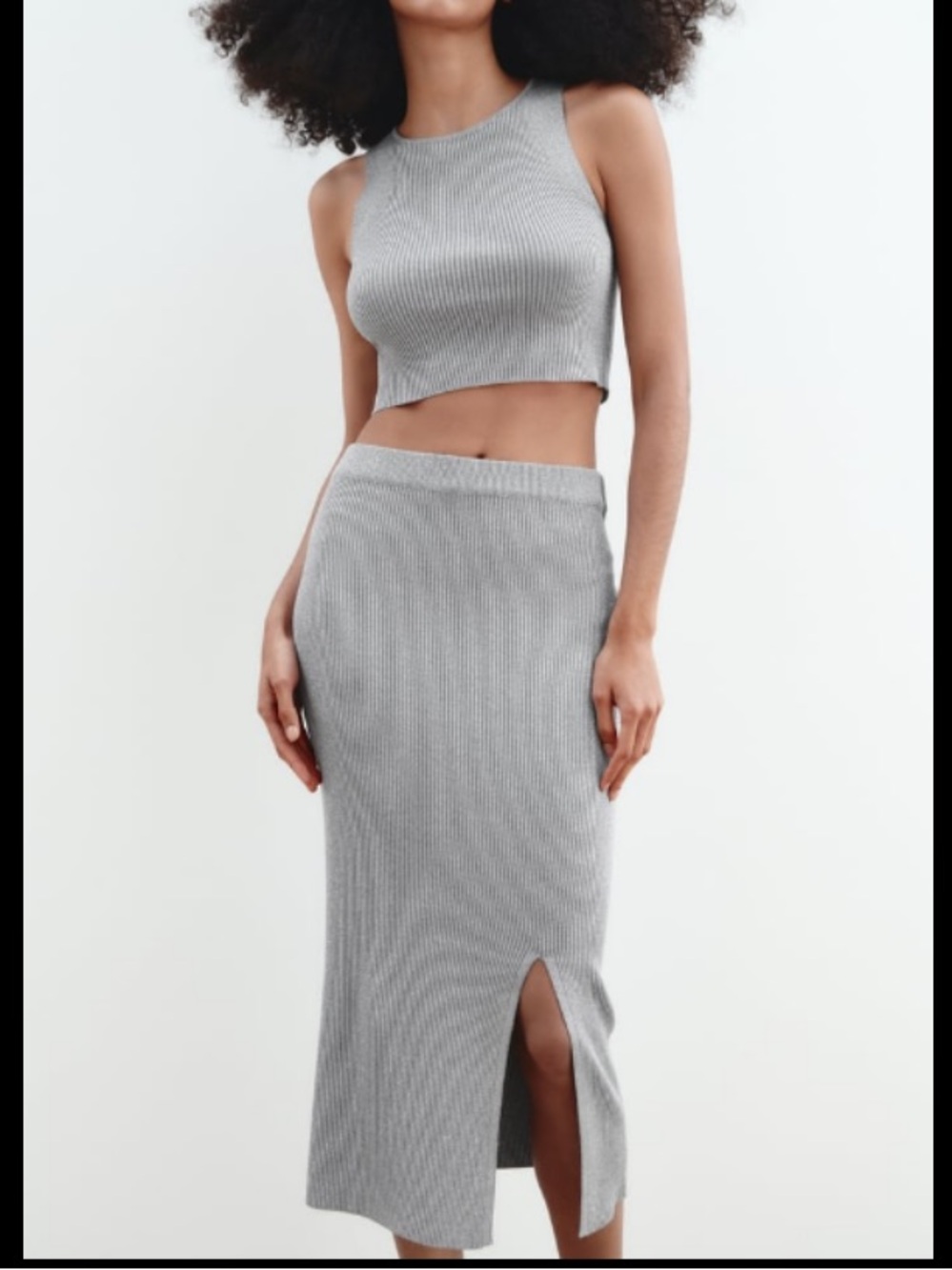Zara Light Gray Silver Ribbed Set - Cropped Tank & Midi Skirt with Front Slit